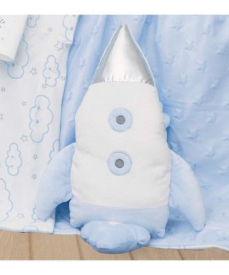 Fleece Βρεφική Κουβέρτα Αγκαλιάς με Διακοσμητικό Κουκλάκι Πύραυλος της BOREA - Λευκό-Σιέλ (75x100)