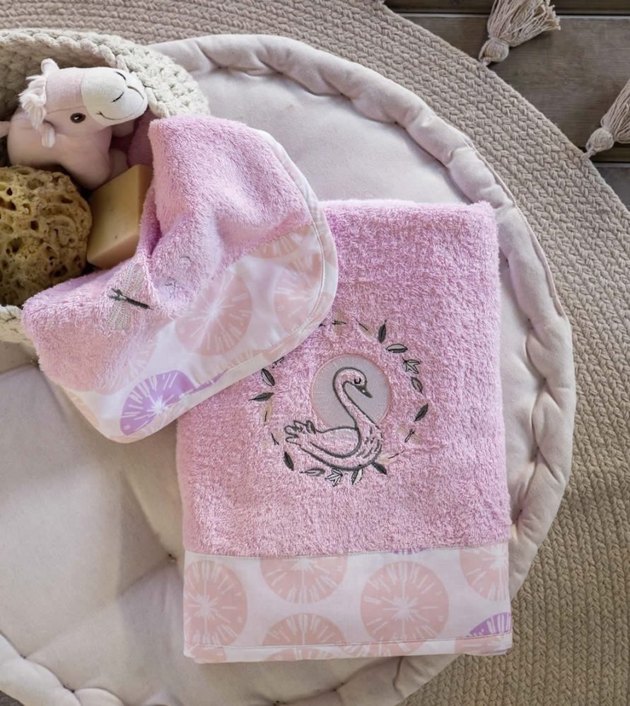 Σετ (2τμχ) Παιδικές Πετσέτες Μπάνιου Pink Swan της NIMA HOME (30x50+70x140)