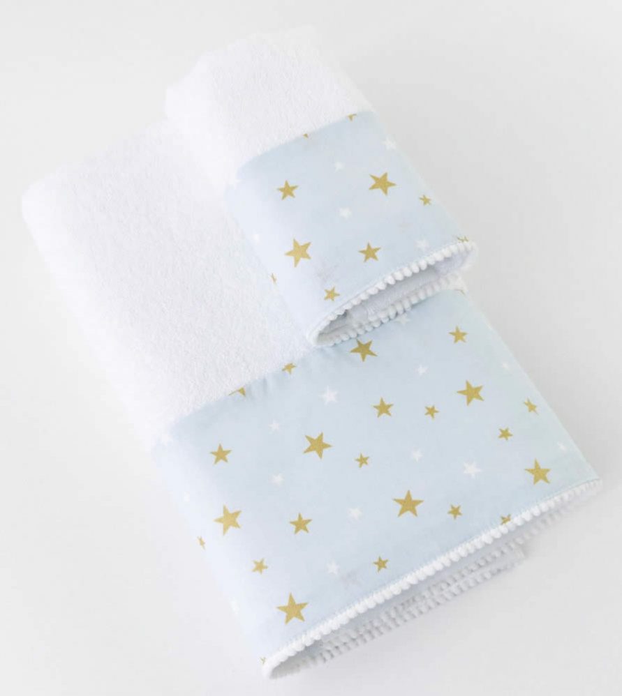 Σετ (2τμχ) Παιδικές Πετσέτες Μπάνιου Stardust Λευκό-Σιέλ της BOREA